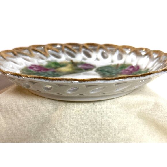 Fruit Motif Fan Crest Lusterware Saucer Trinket Dish Iridescent Set of 2 Vintage - Picture 5 of 11